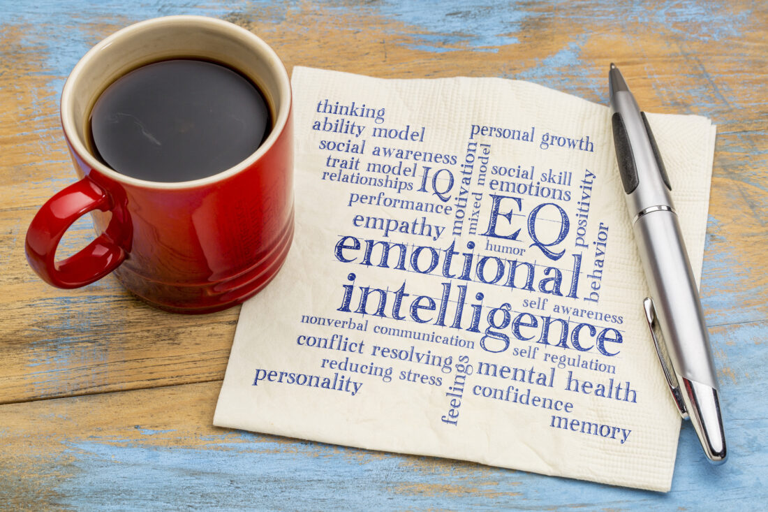 emotional intelligence (EQ) word cloud on a napkin with a cup of coffee